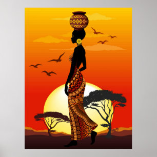 Poster A linda mulher africana Silhouette sobre os sóis a