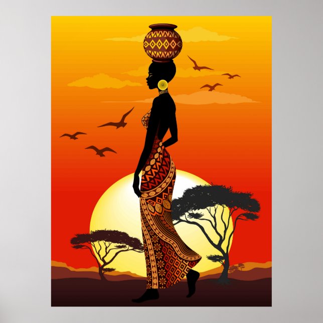 Poster A linda mulher africana Silhouette sobre os sóis a (Frente)