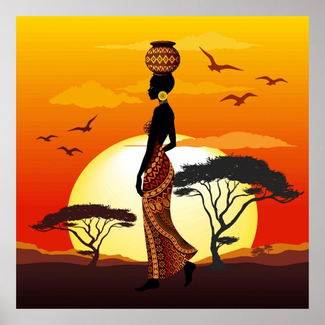 Poster A linda mulher africana Silhouette sobre os sóis a (Frente)