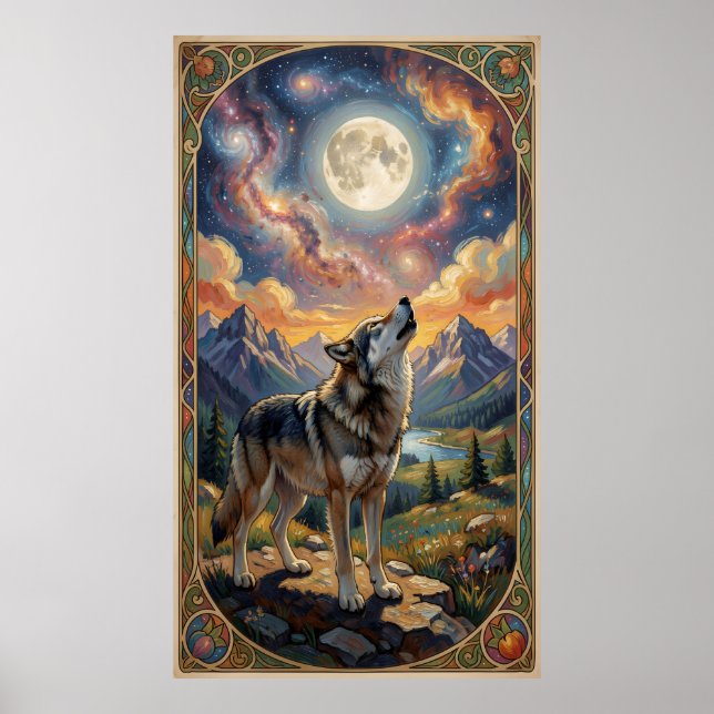 Poster A lone wolf howls at a moon  (Frente)