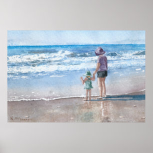 Poster A Mãe e a Criança Ondas ao Lado da Água