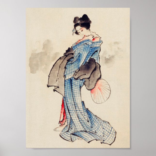 Poster A mulher fica com um ventilador, Hokusai (Frente)