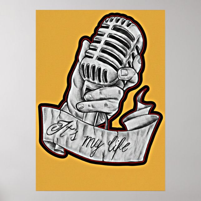Poster A Música é Minha Vida - Microfone Antigo Desenhado (Frente)