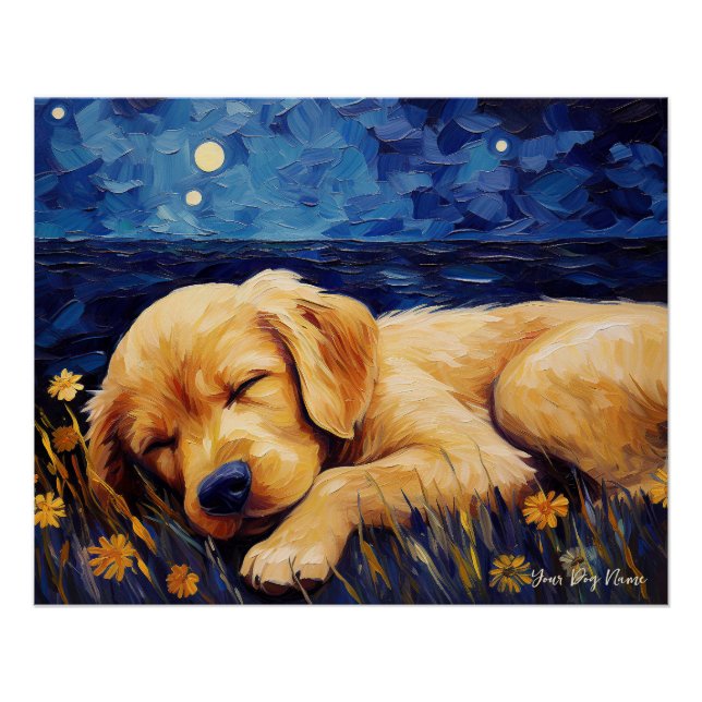Póster A noite estrelada - Cachorro do Retriever do Ouro  (Frente)