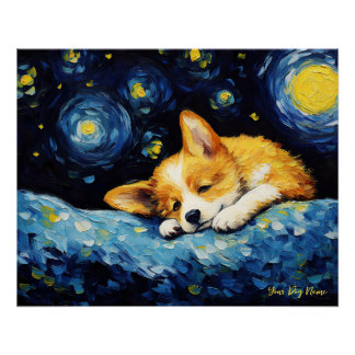 Póster A noite estrelada - Cão galês Corgi 003 - Qian wan