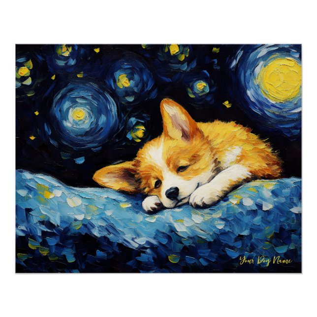 Póster A noite estrelada - Cão galês Corgi 003 - Qian wan (Frente)