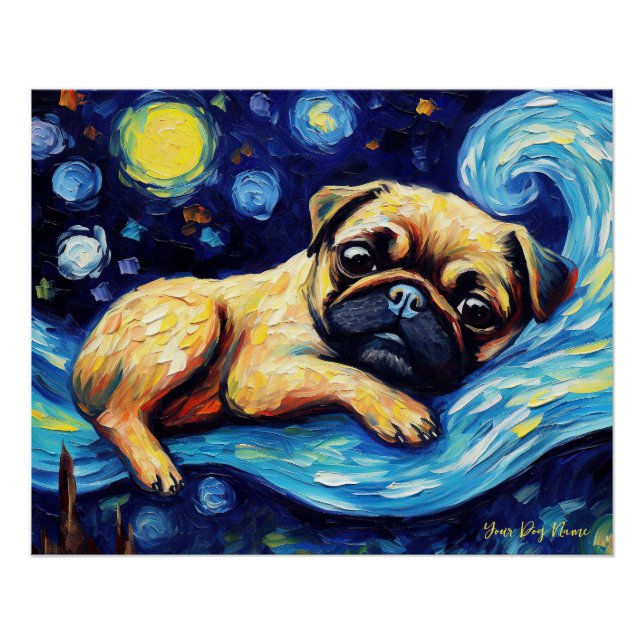 Póster A noite estrelada - Cão Pug 001 - Qian wan Gogh (Frente)