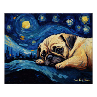 Póster A noite estrelada - Cão Pug 002 - Qian wan Gogh