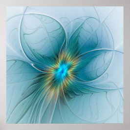 Poster A pequena Bela Flor Fractal Dourada Azul Moderna