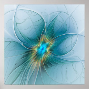 Poster A pequena Bela Flor Fractal Dourada Azul Moderna