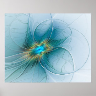 Poster A pequena Flor Fractal Azul Ouro Moderno Beleza