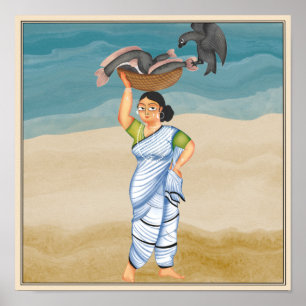 Poster A pescadora de Arte Kalighat de Bengal