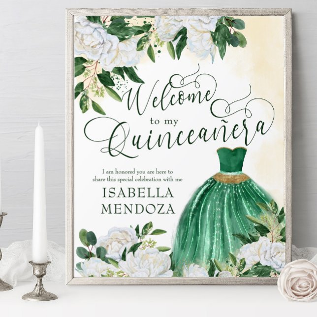 Poster A Princesa Dourada e Verde Quinceanera, bem-vinda (Quinceanera welcome poster with princess gown from my Emerald Greenery & White Peony collection)