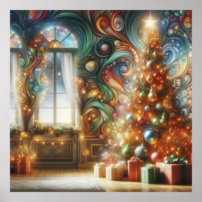Poster A Retro Style Christmas Tree With Presents on Wall (Frente)