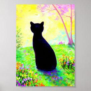 Póster A silhueta do gato preto floresce Creationarts