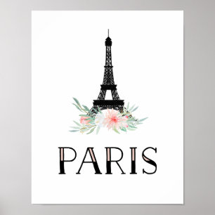 Poster A torre Eiffel na moda e cora flores cor-de-rosa  