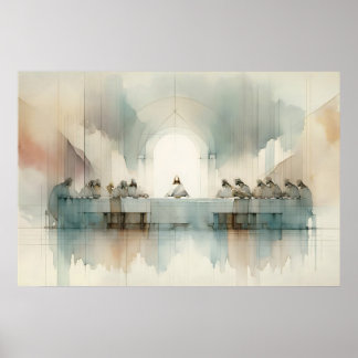 Poster A Última Ceia Cena de Paisagem em Aquarela Azul