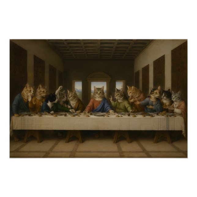 Póster A Última Ceia Gatos Paródia Arte Renascentista (Frente)