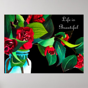 Poster A vida é Linda Camellia flores aquarela arte