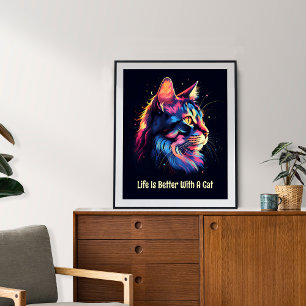 Poster A vida é melhor com um gato. Gato colorido bonito