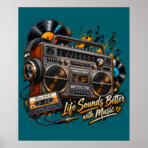 Poster A Vida Soa Melhor Com Música Pôster Retro de Boomb