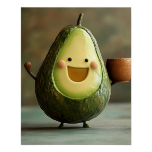 Póster Abacate Feliz Desfrutando uma Xícara de Chá