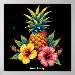Poster Abacaxi e Hibisco Floral Havaí Verão Praia