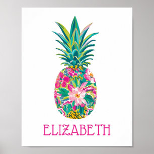 Poster Abacaxi Floral Rosa e Verde Tropical