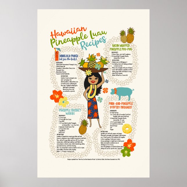 Poster Abacaxi Luau Havaiana Rapariga de Hula Receita (Frente)