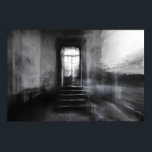 Poster Abandoned Staircase Ghostly Doorway Blur<br><div class="desc">A wide stone staircase rises toward an open arched doorway in an abandoned grand interior, captured in stark black and white. Thick motion blur and ghostly double-exposure layers overlap walls, steps, and cracked plaster, creating an ethereal, dreamlike veil across the scene. Soft daylight pours through the threshold, revealing overgrown foliage...</div>