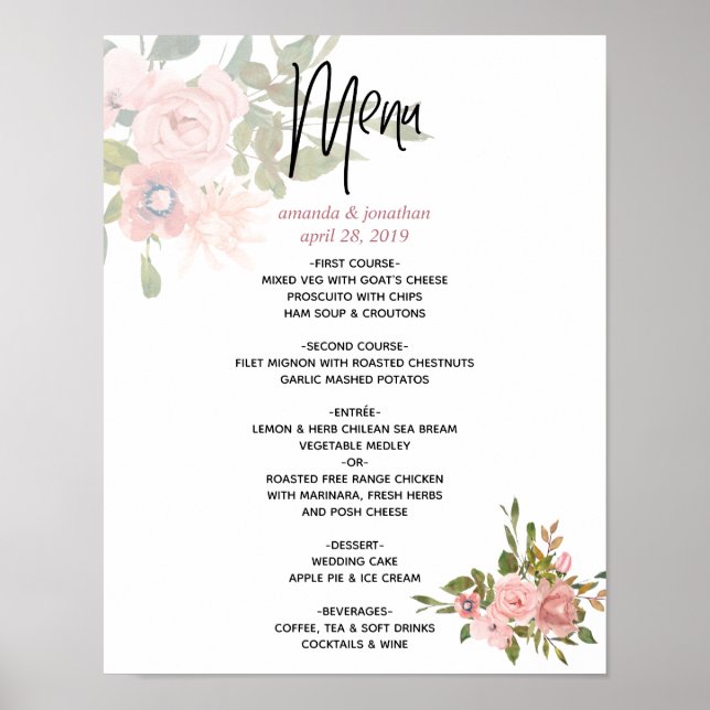 Poster Abaulência floral de aquarelas e Menu Casamento Do (Frente)