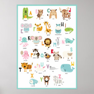 Poster ABCs Coloridos Alfabeto Animal Moldura Turquesa