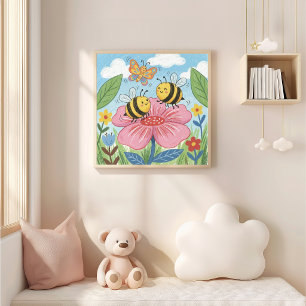 Poster Abehas e Borboleta Fofo Dançando Desenho a Lápis d