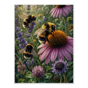 Póster Abejas En Coneflowers Diseño Botánico Polinizador