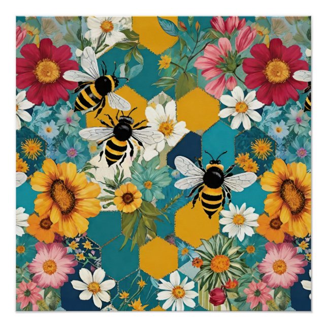 Póster Abejas y Florales Patrón de abeja flor (Frente)
