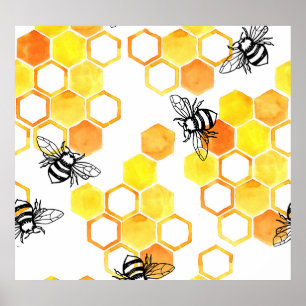 Poster Abelhas de Mel: Padrão Amarelo de Aquarela