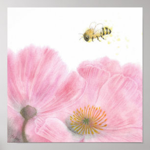 Poster Abelhas e Flores Rosa Coloridas Arte do Lápis