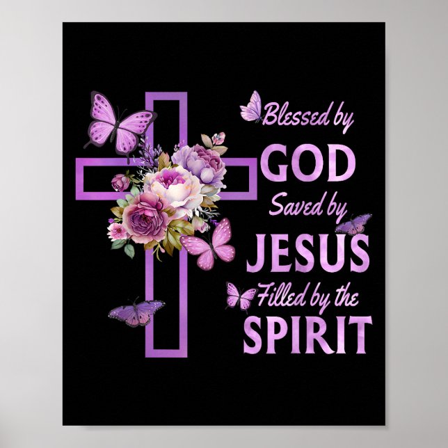 Poster Abençoado por Deus Salvo pela Cruz Floral Purple d (Frente)