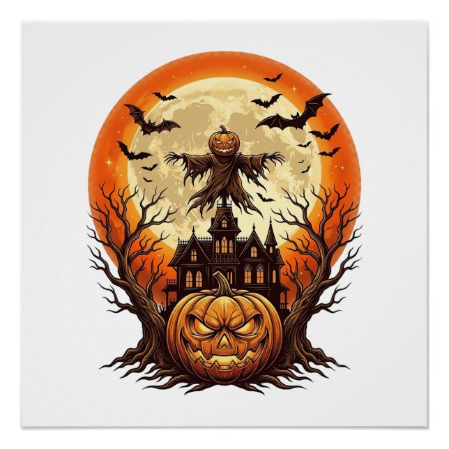 Póster Abóbora Assustadora Espantalho Casa Assombrada Lua (Frente)