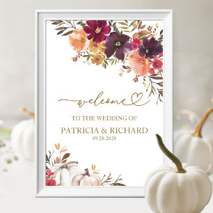 Poster Abóbora Borgonha Floral Casamento de Outono Bem-vi