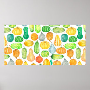 Poster Abóbora de aquarela, padrão sem costura de squash