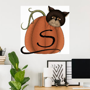 Poster Abóbora de Gato Preto Carta S Halloween