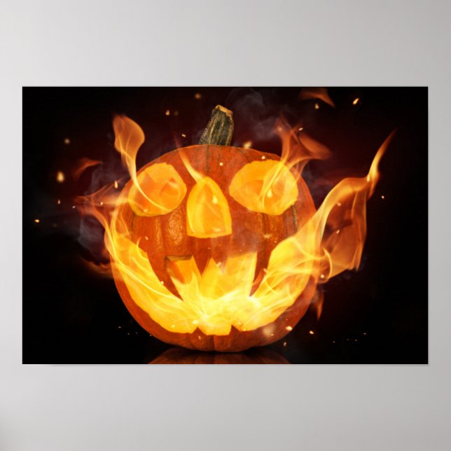 Póster Abóbora De Halloween Com Chamas De Fogo (Frente)