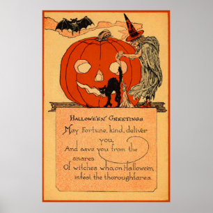 Poster Abóbora O Lanterna Bruxa Gato Preto Morcego Vintag