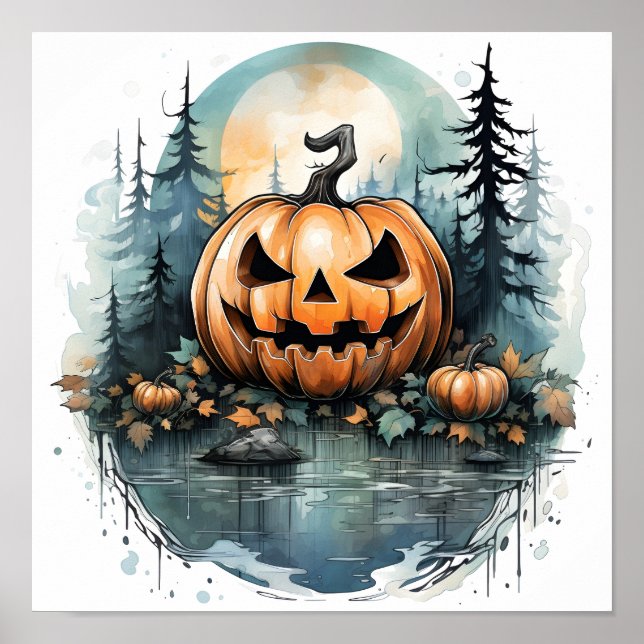 Poster Abóbora-Pumpkin De Aquarela Halloween Na Floresta (Frente)