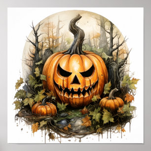 Poster Abóbora-Pumpkin De Aquarela Halloween Na Floresta
