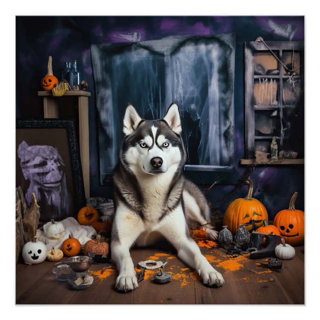 Póster Abóboras Cachorro Husky Siberiano Dia das Bruxas A (Frente)