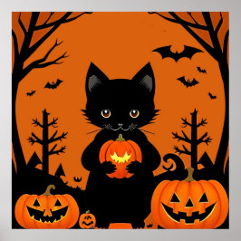Poster Abóboras de Halloween Assustadoras Gatinho Preto F
