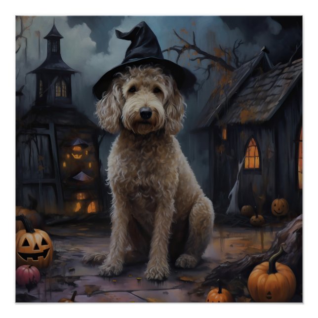 Póster Abóboras Goldendoodle Halloween Assustador (Frente)