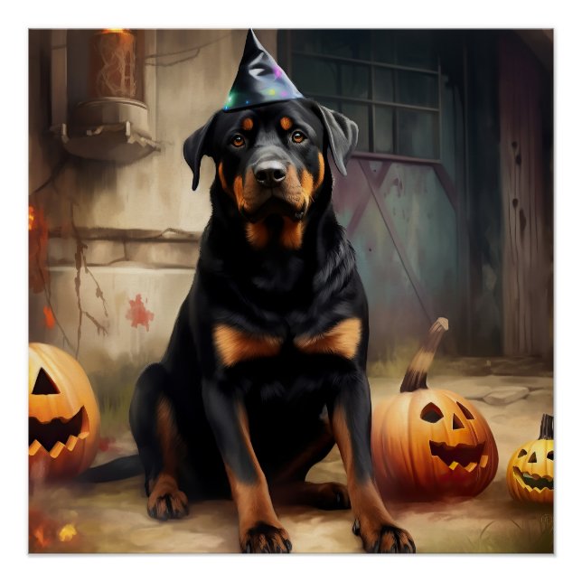 Póster Abóboras Rottweiler Dia das Bruxas Assustador (Frente)